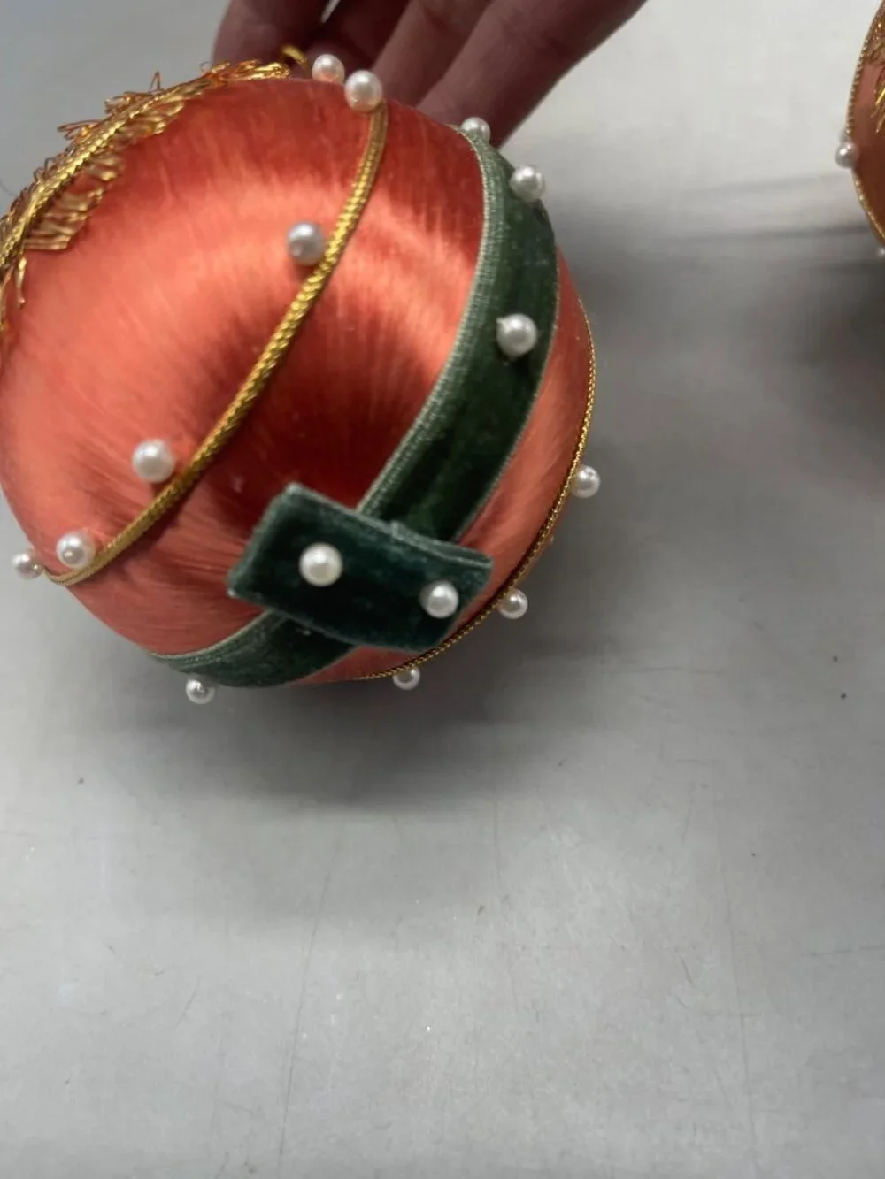 vintage set of 2 silk Christmas ornaments pink embellished green felt faux READ